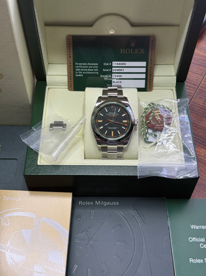 2014 Rolex 40mm Milgaus Black Dial Green Crystal 116400