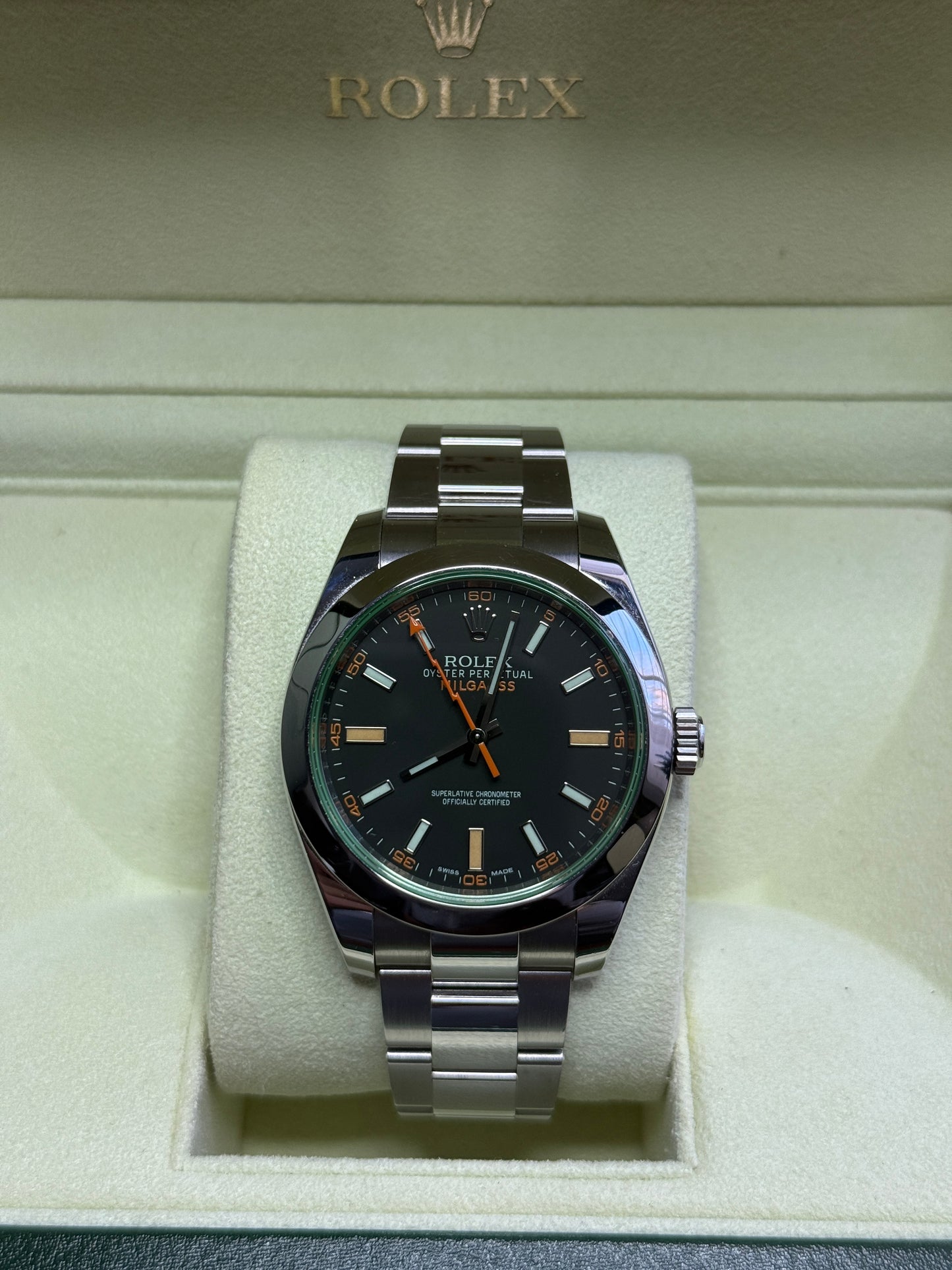 2014 Rolex 40mm Milgaus Black Dial Green Crystal 116400
