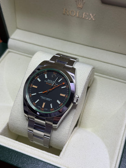 2014 Rolex 40mm Milgaus Black Dial Green Crystal 116400